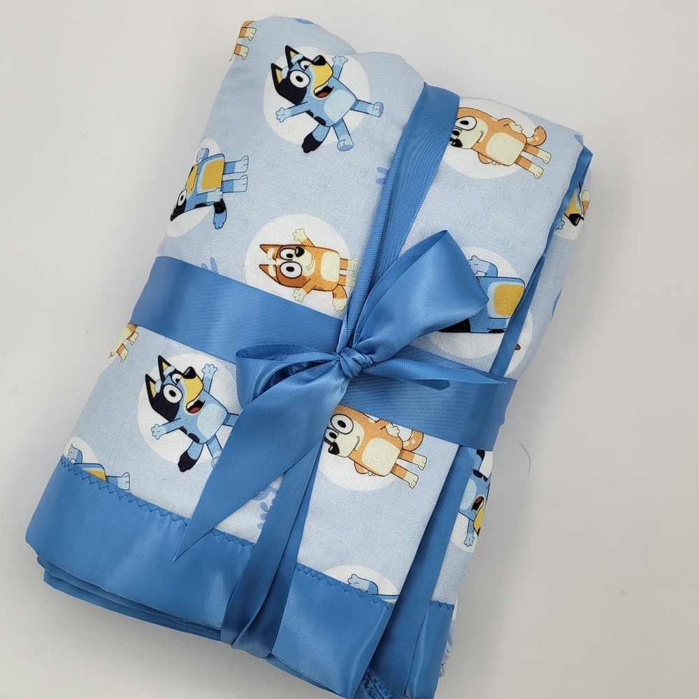 Handmade Lovely Bluey & friends cotton Kids blanket,satin binding blanket 30x36